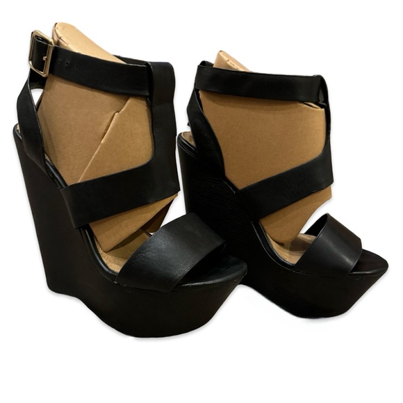 ALDO Platform Black Leather Wedge Sandals size 6 - Picture 1 of 8